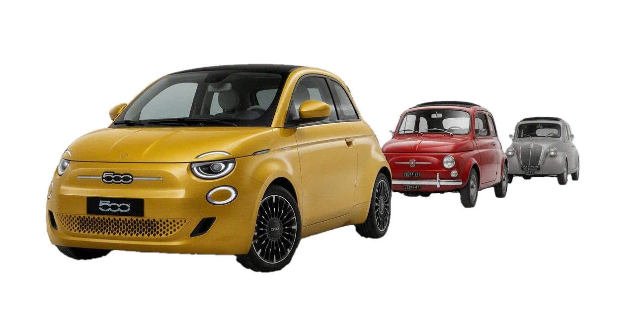 Three generations of Fiat 500 in a photo studio: the 1950 Topolino, the red Nuova 500 and today’s yellow new 500